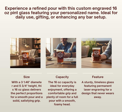 Custom Beer Pint Glass 16 oz Personalized Glasses for Men, Women, Friends Family, Wedding Birthday Drinkware (1, Design 1)