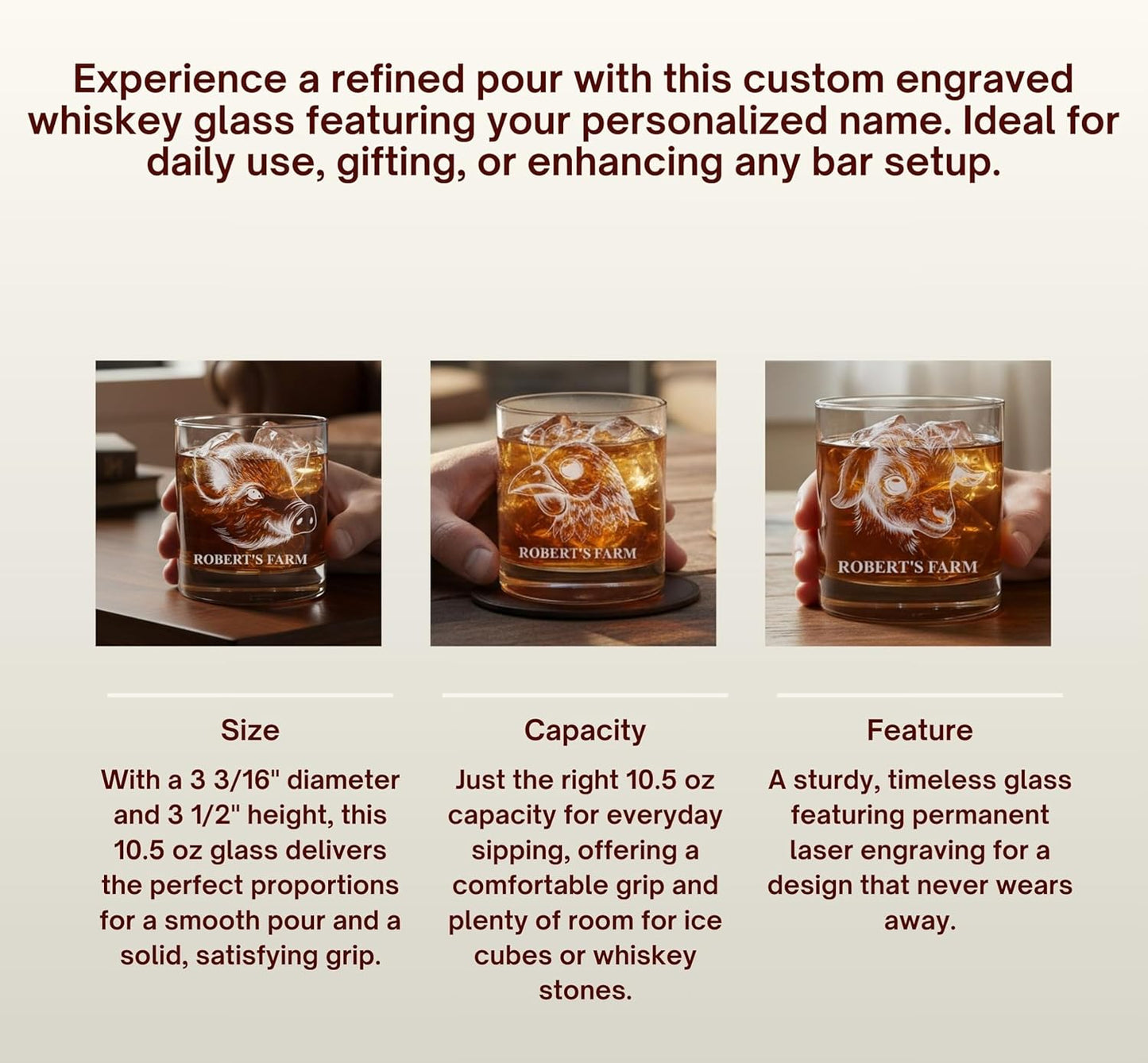 Personalized Whiskey Rocks Glass Farm Animals, Laser Engraved 10.5 oz Old Fashioned Bourbon Glass, Custom Name Barware for Dad Husband Farmhouse Style (Alpaca)