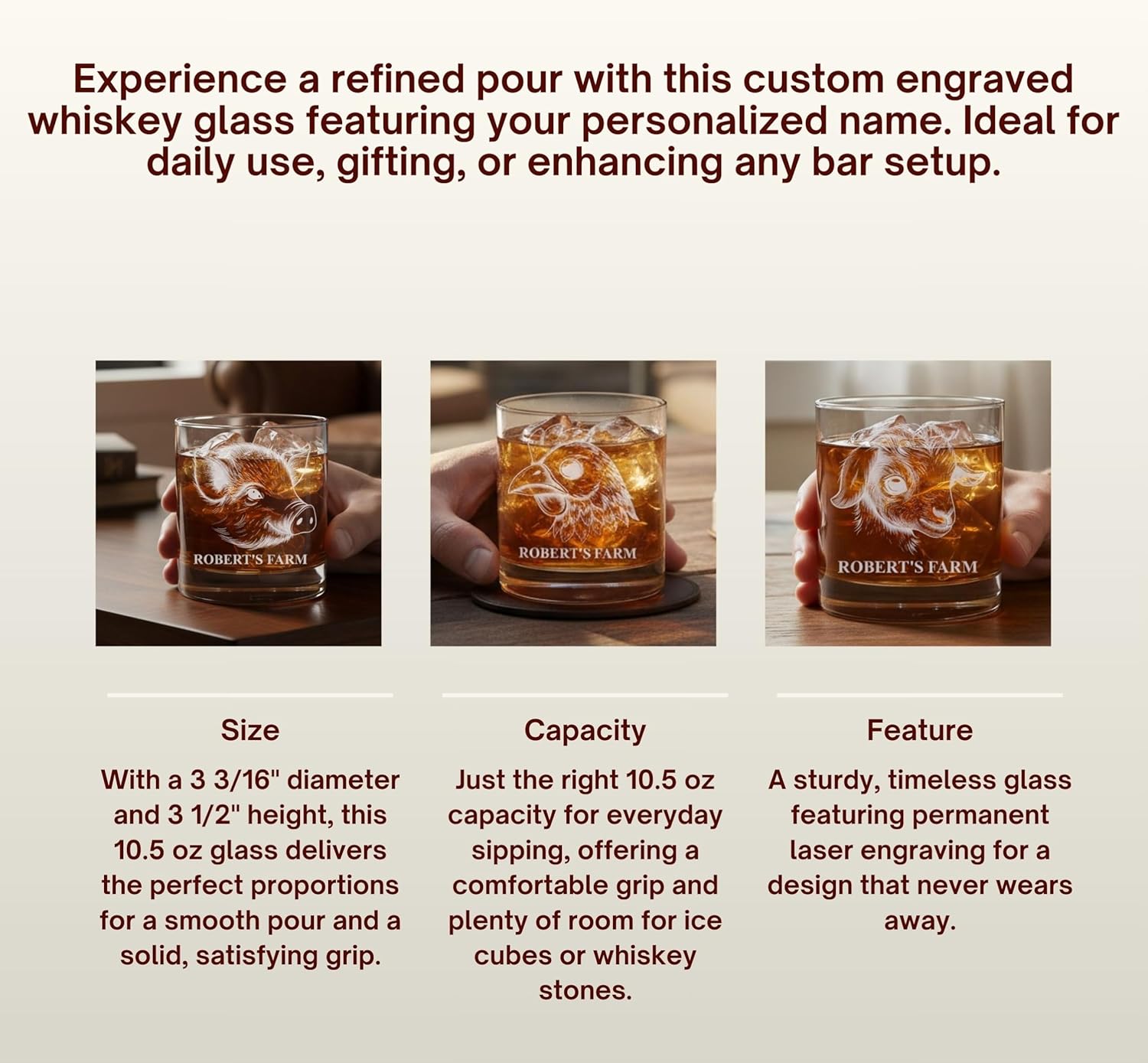 Personalized Whiskey Rocks Glass Farm Animals, Laser Engraved 10.5 oz Old Fashioned Bourbon Glass, Custom Name Barware for Dad Husband Farmhouse Style (Alpaca)