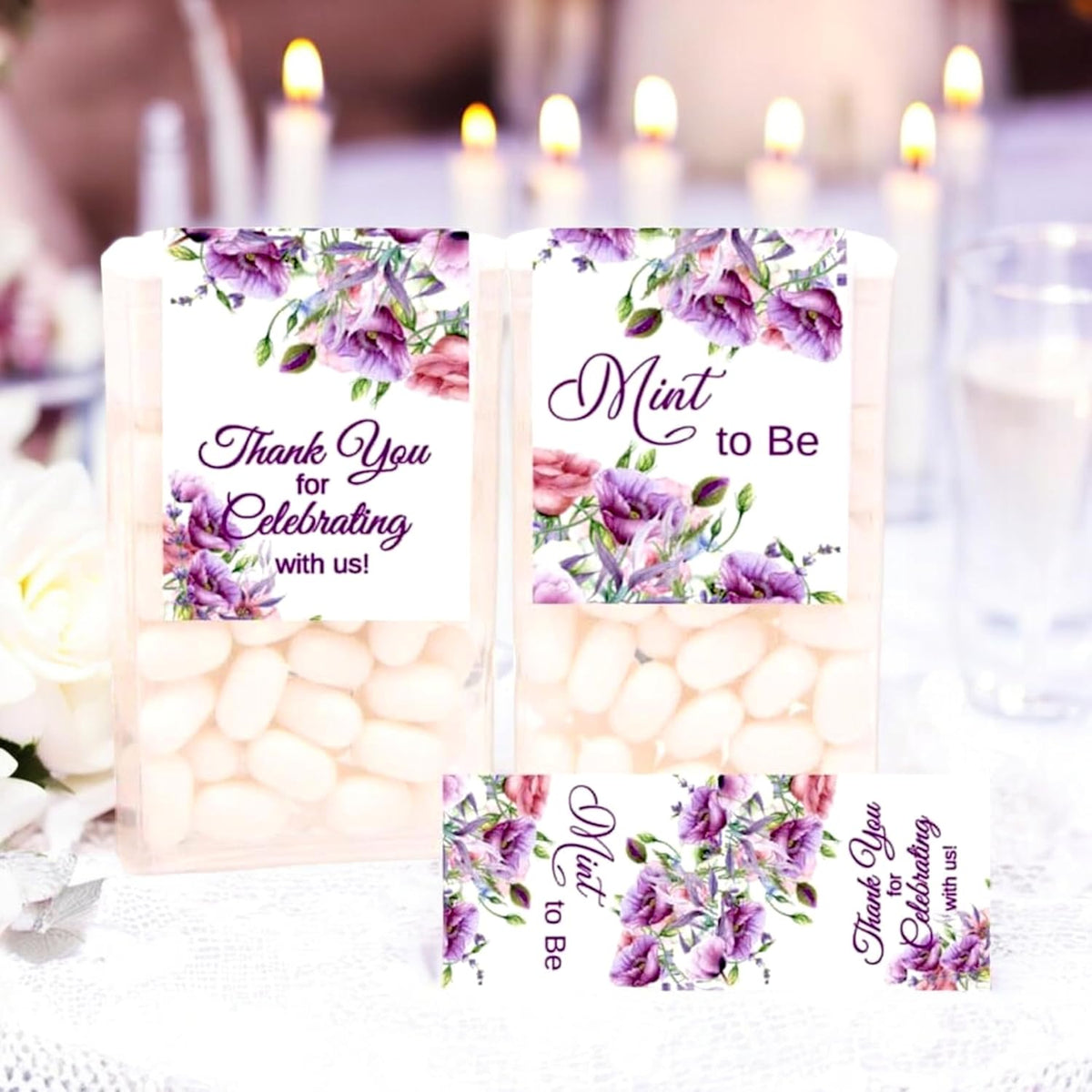 Favor Labels for Tic Tac Boxes, Purple Floral Mint to Be Party Bridal Shower Favors, Self-Adhesive, Gloss Sticker Paper (24 Labels)