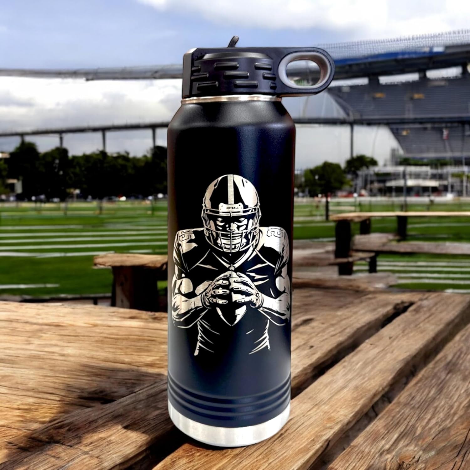 32oz American Football Water Bottle, Laser Engraved Gift Sport Players Football Lovers, Travel Bottle, Double Wall with Screw Lid