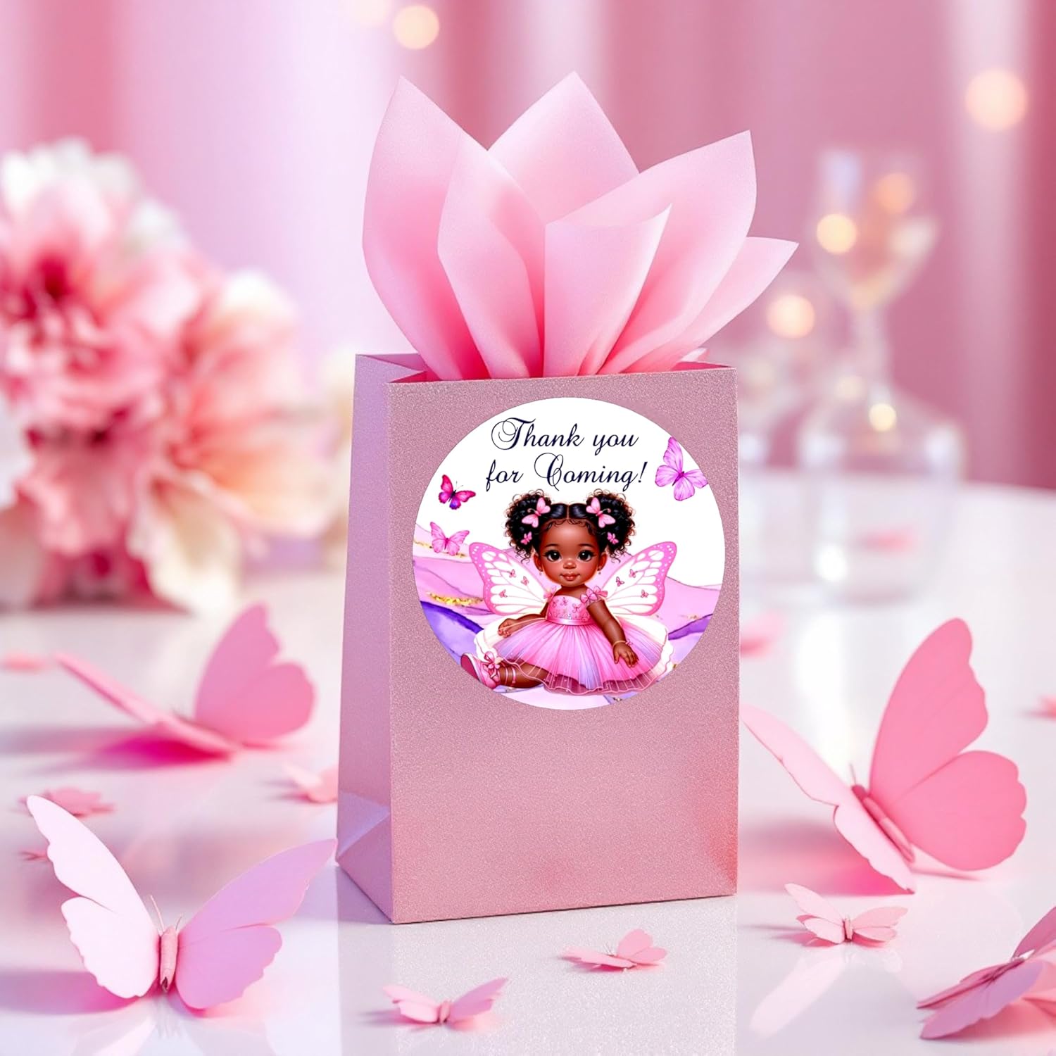 Butterfly Labels African American Baby Girl, 40 Hot Pink Party Favors Decorations, Baby Shower Birthday Butterflies Decor