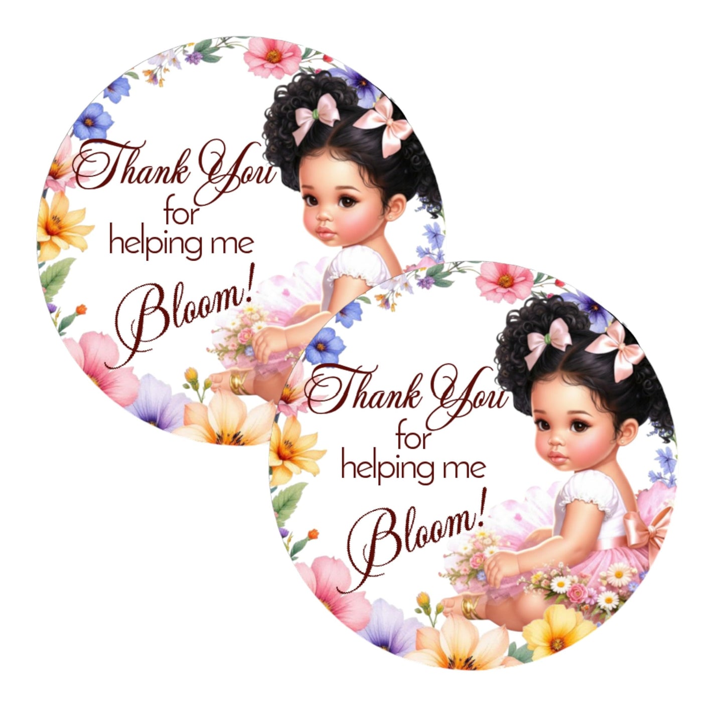 Wildflower Baby Shower Labels Tags Girls 1st Birthday Decorations, 2 Inch Round Stickers, Set of 40 Spring Floral Party Favor Decor (African American)