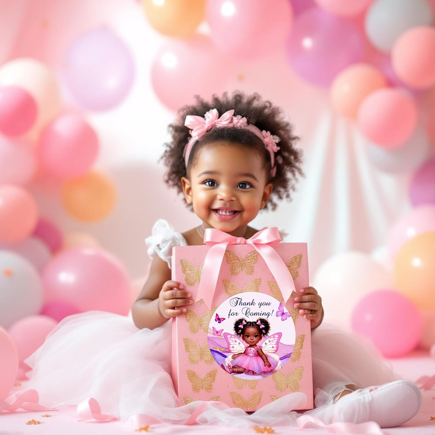 Butterfly Labels African American Baby Girl, 40 Hot Pink Party Favors Decorations, Baby Shower Birthday Butterflies Decor
