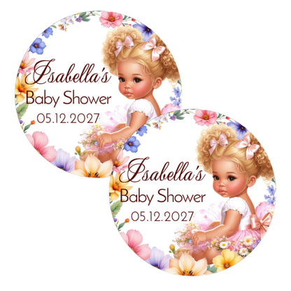 Wildflower Baby Shower Labels Tags Girls 1st Birthday Decorations, 2 Inch Round Stickers, Set of 40 Spring Floral Party Favor Decor (African American)