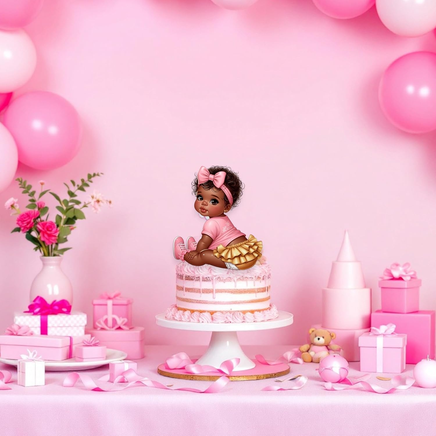 African American Baby Girl Shower Cutouts, Pink Gold Party Decorations, DIY Centerpieces Cupcake Toppers Baby Shower, Birthday, Gender Reveal (10.6" (3 Facing Left, 3 Facing Right))