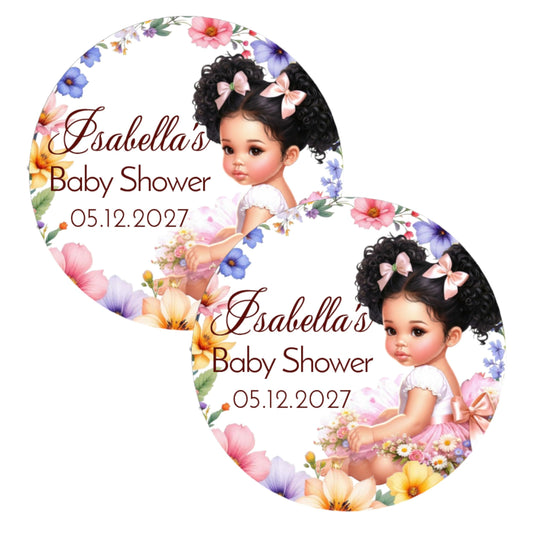 Wildflower Baby Shower Labels Tags Girls 1st Birthday Decorations, 2 Inch Round Stickers, Set of 40 Spring Floral Party Favor Decor (African American)