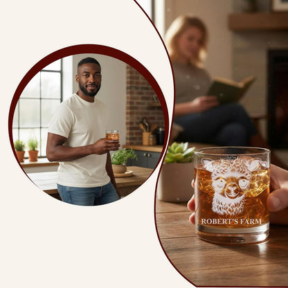 Personalized Whiskey Rocks Glass Farm Animals, Laser Engraved 10.5 oz Old Fashioned Bourbon Glass, Custom Name Barware for Dad Husband Farmhouse Style (Alpaca)
