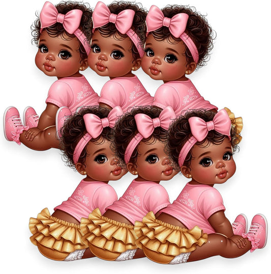 African American Baby Girl Shower Cutouts, Pink Gold Party Decorations, DIY Centerpieces Cupcake Toppers Baby Shower, Birthday, Gender Reveal (10.6" (3 Facing Left, 3 Facing Right))