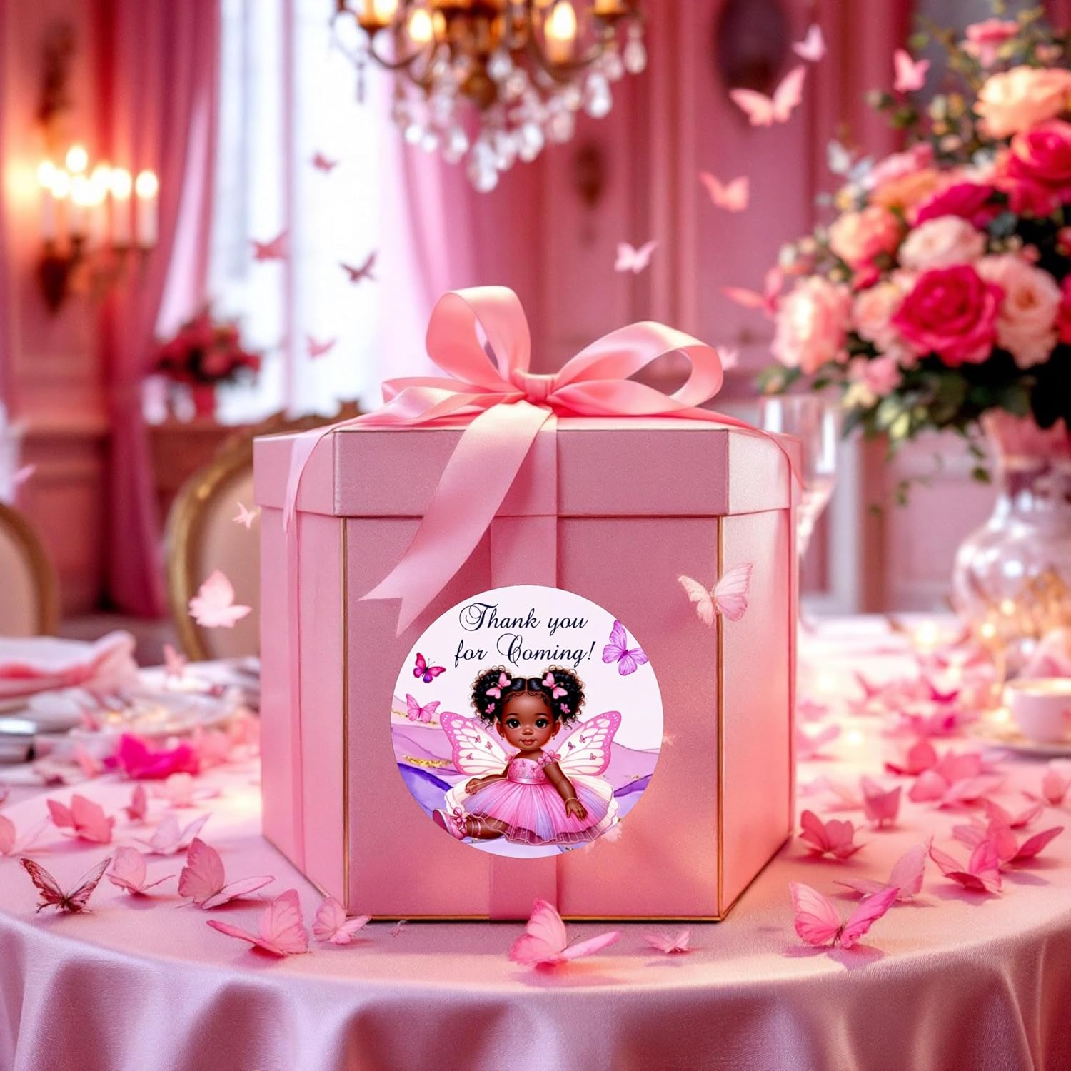 Butterfly Labels African American Baby Girl, 40 Hot Pink Party Favors Decorations, Baby Shower Birthday Butterflies Decor