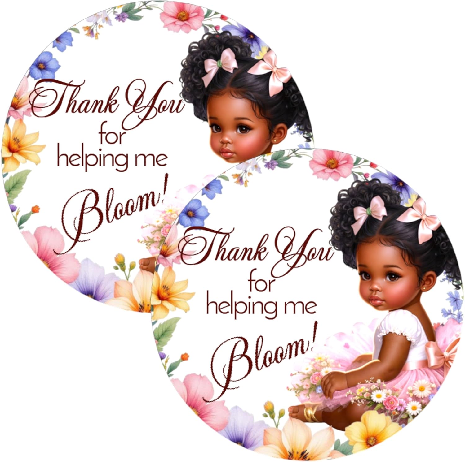 Wildflower Baby Shower Labels Tags Girls 1st Birthday Decorations, 2 Inch Round Stickers, Set of 40 Spring Floral Party Favor Decor (African American)
