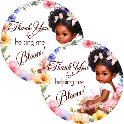 Wildflower Baby Shower Labels Tags Girls 1st Birthday Decorations, 2 Inch Round Stickers, Set of 40 Spring Floral Party Favor Decor (African American)