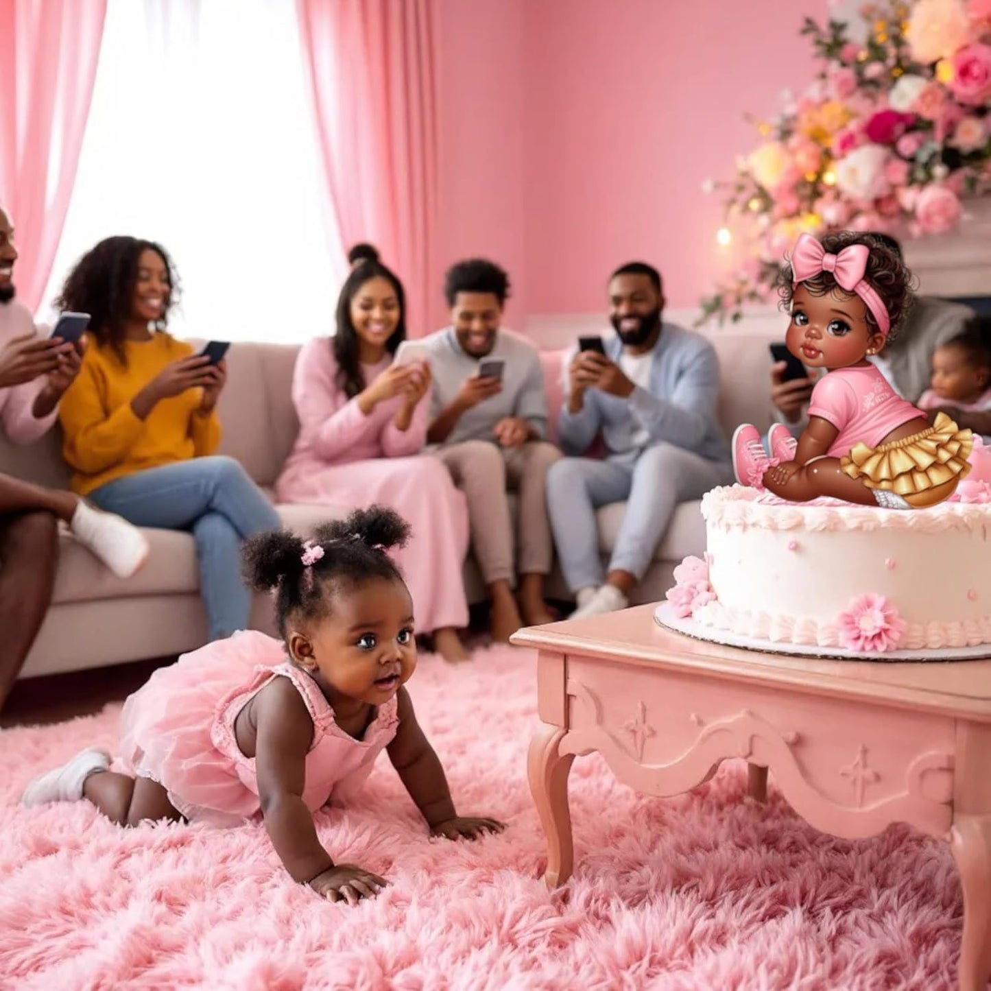 African American Baby Girl Shower Cutouts, Pink Gold Party Decorations, DIY Centerpieces Cupcake Toppers Baby Shower, Birthday, Gender Reveal (10.6" (3 Facing Left, 3 Facing Right))