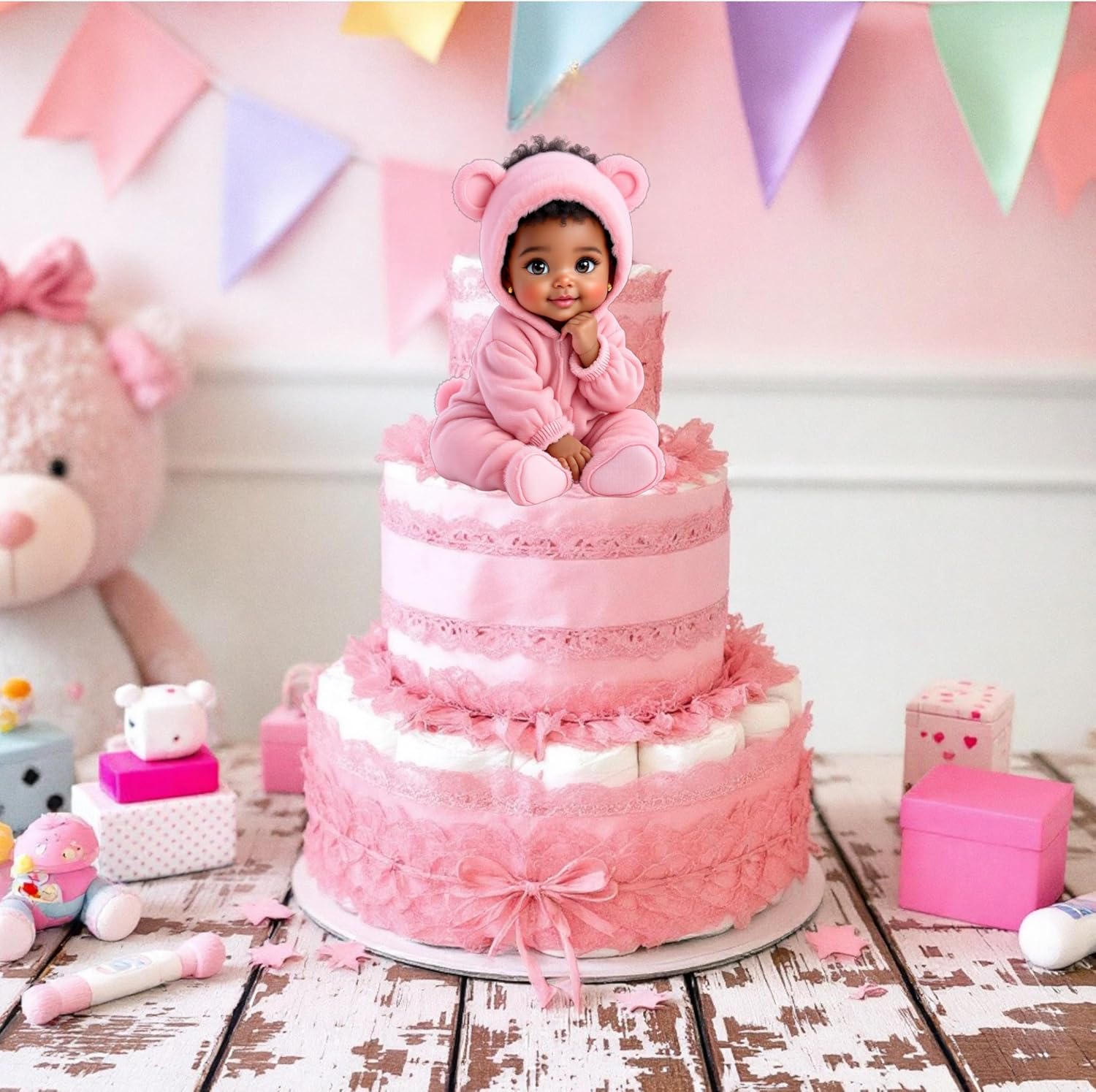 Pink Baby Girl Bear Cutouts DIY Centerpieces, Baby Shower 1st Birthday Party Table Decorations, Wall Room Decor (African American #3, 15 inches(2 Left, 2 Right))