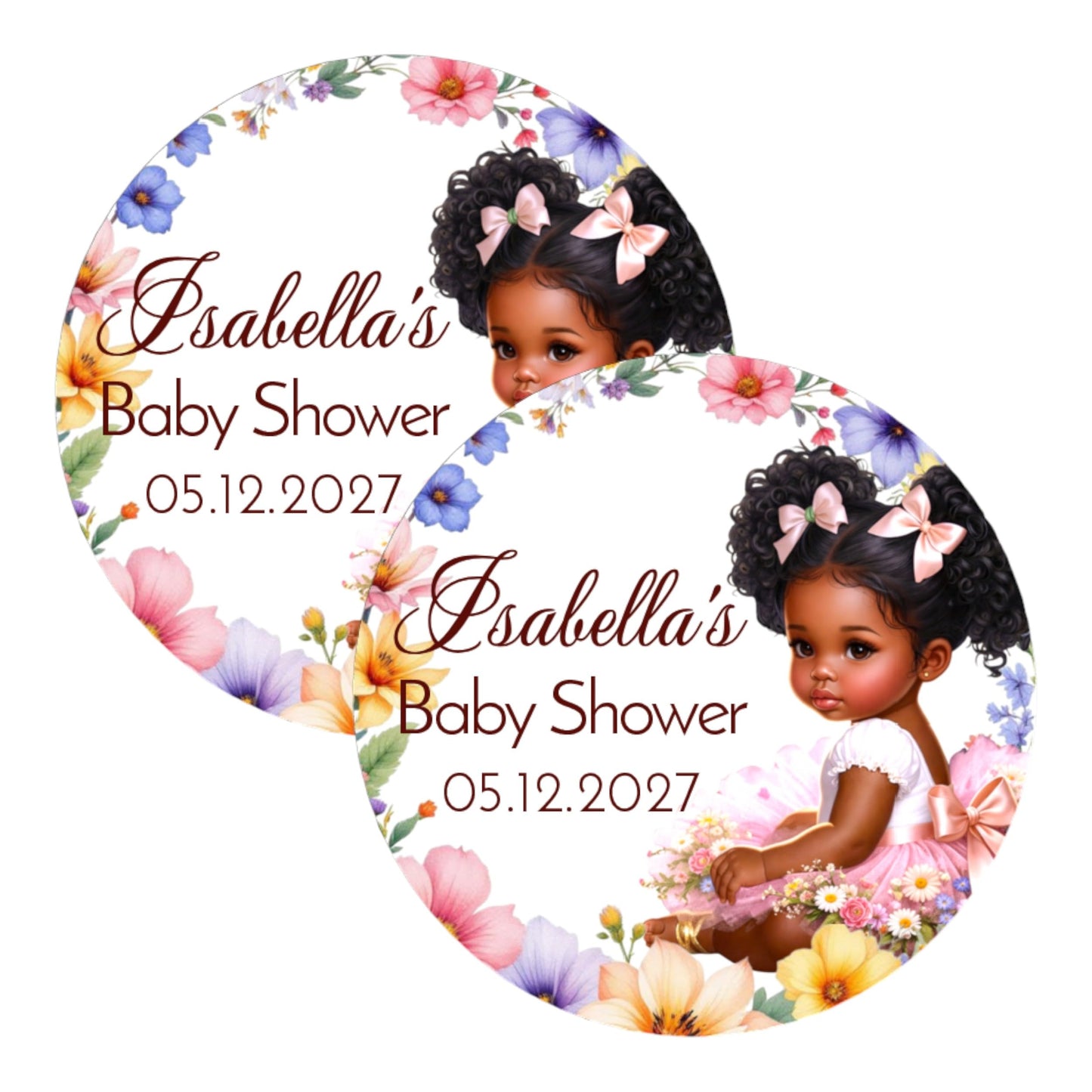 Wildflower Baby Shower Labels Tags Girls 1st Birthday Decorations, 2 Inch Round Stickers, Set of 40 Spring Floral Party Favor Decor (African American)