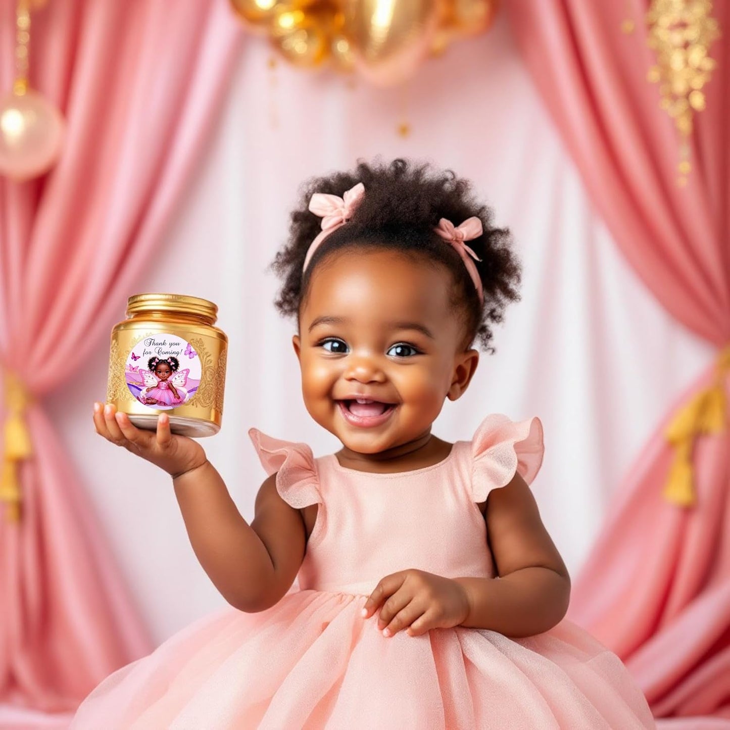 Butterfly Labels African American Baby Girl, 40 Hot Pink Party Favors Decorations, Baby Shower Birthday Butterflies Decor