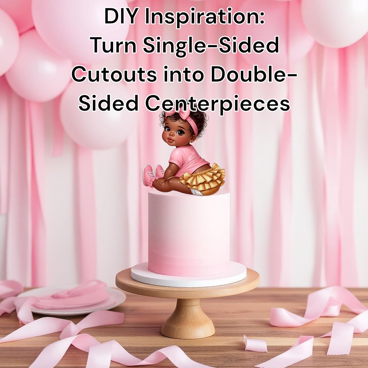 African American Baby Girl Shower Cutouts, Pink Gold Party Decorations, DIY Centerpieces Cupcake Toppers Baby Shower, Birthday, Gender Reveal (10.6" (3 Facing Left, 3 Facing Right))