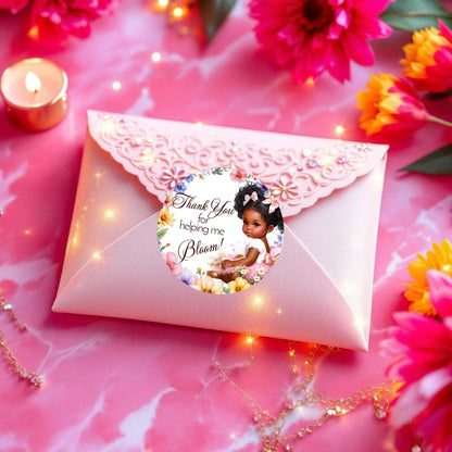 Wildflower Baby Shower Labels Tags Girls 1st Birthday Decorations, 2 Inch Round Stickers, Set of 40 Spring Floral Party Favor Decor (African American)
