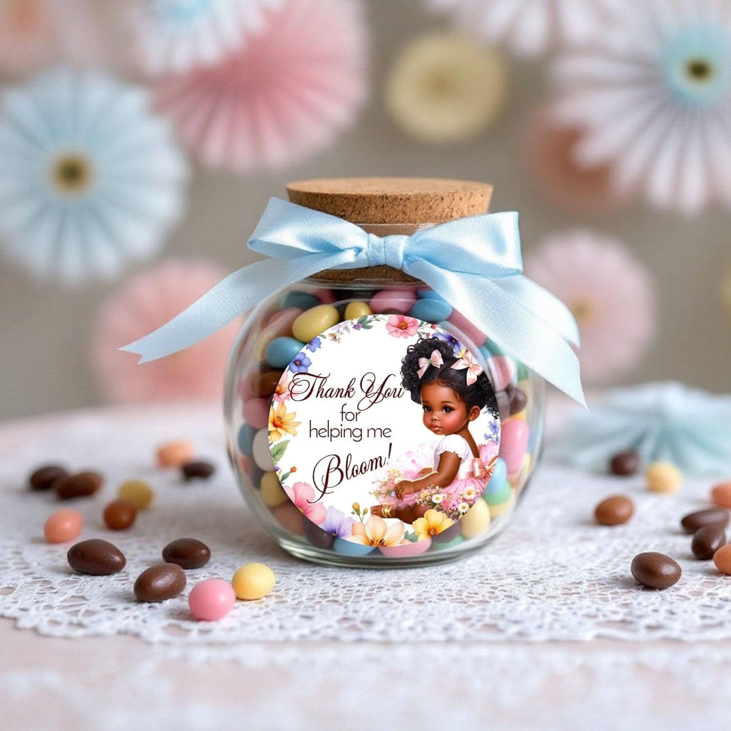 Wildflower Baby Shower Labels Tags Girls 1st Birthday Decorations, 2 Inch Round Stickers, Set of 40 Spring Floral Party Favor Decor (African American)