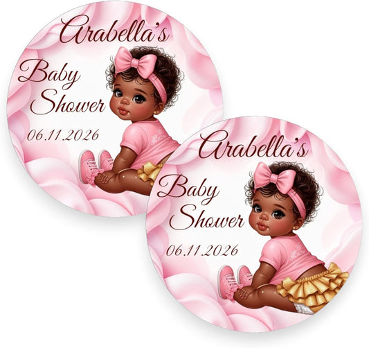Personalized Girl African American Party Favor Labels, 1st Birthday Custom Name Date Stickers Decorations
