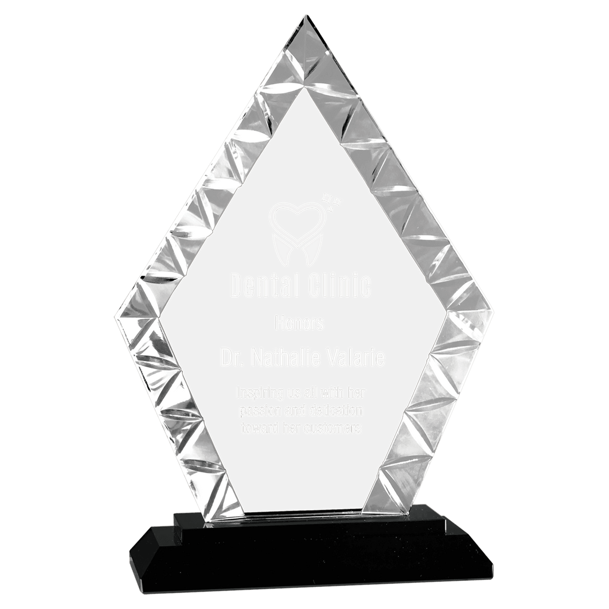 Personalized diamond glass award 7.5" on solid black glass base, custom laser engraved