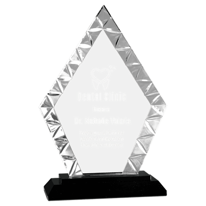 Personalized diamond glass award 7.5" on solid black glass base, custom laser engraved