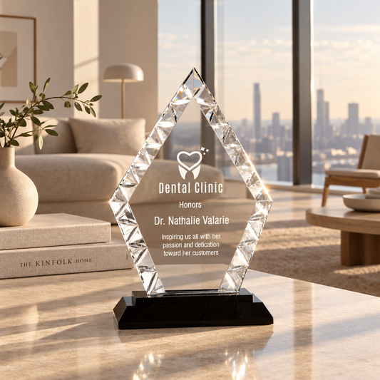 Personalized diamond glass award 7.5" on solid black glass base, custom laser engraved
