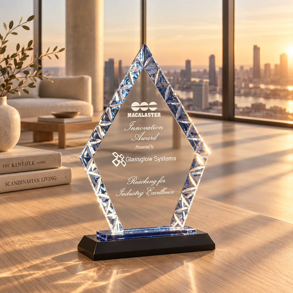 Personalized diamond glass award 7.5" on blue and black reflective glass base, custom laser engraved