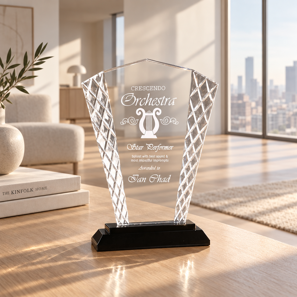Personalized fan glass award 8" on solid black glass base, custom laser engraved