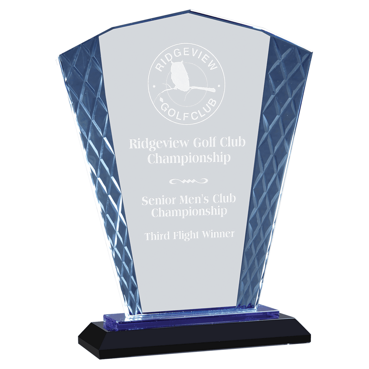 Personalized fan glass award 8" on blue and black reflective glass base, custom laser engraved