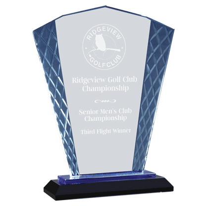Personalized fan glass award 8" on blue and black reflective glass base, custom laser engraved