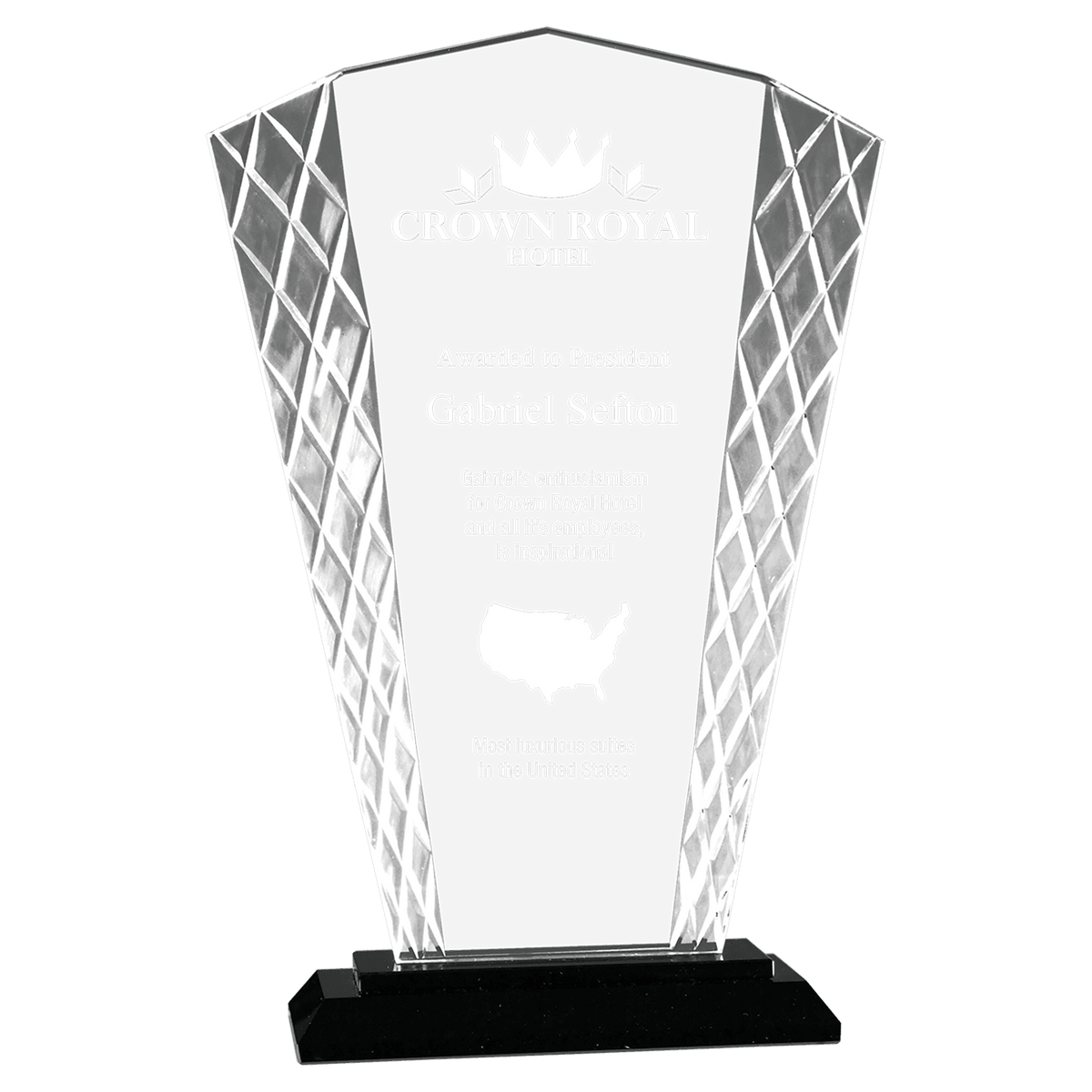Personalized fan glass award 9.5" on solid black glass base, custom laser engraved