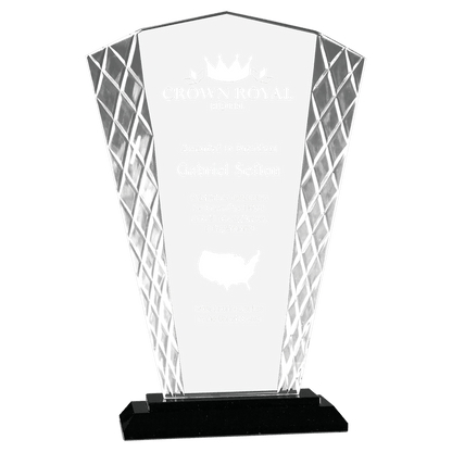 Personalized fan glass award 9.5" on solid black glass base, custom laser engraved