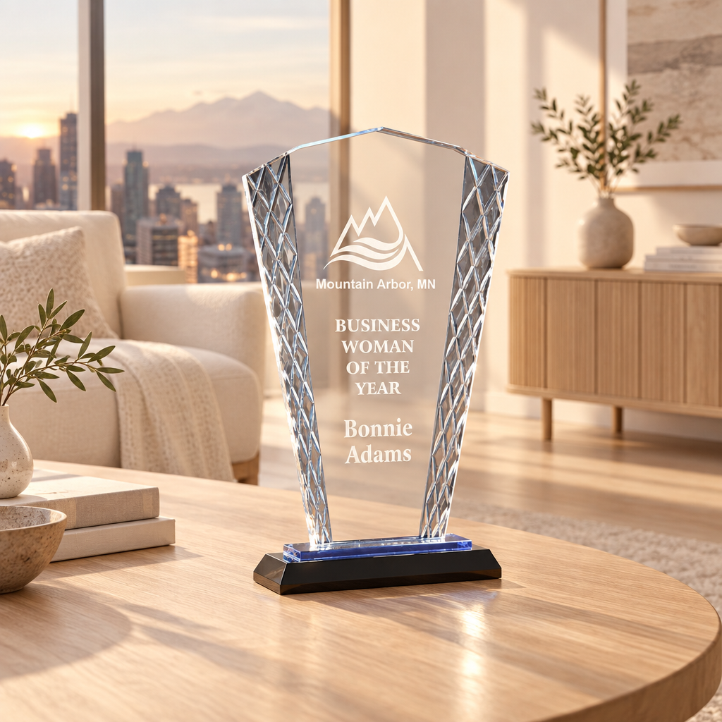 Personalized fan glass award 9.5" on blue and black reflective glass base, custom laser engraved