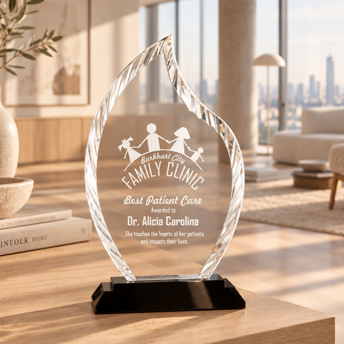 Personalized flame glass award 8" on solid black glass base, custom laser engraved