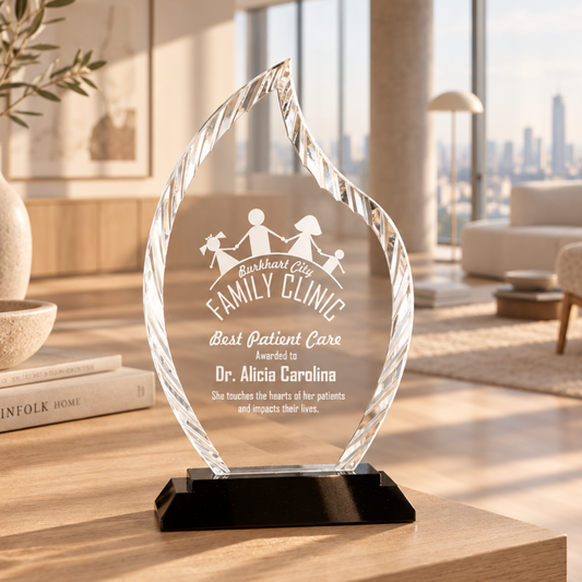 Personalized flame glass award 8" on solid black glass base, custom laser engraved