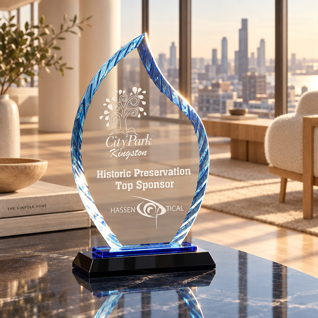 Personalized flame glass award 8" on blue and black reflective glass base, custom laser engraved