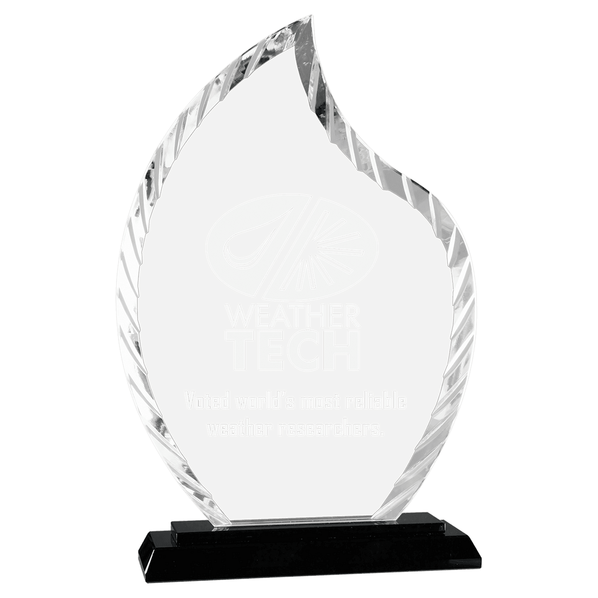 Personalized flame glass award 9.5" on solid black glass base, custom laser engraved