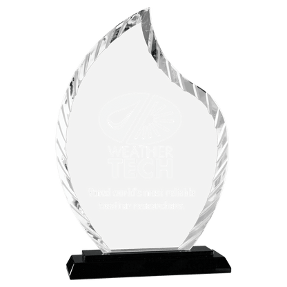 Personalized flame glass award 9.5" on solid black glass base, custom laser engraved