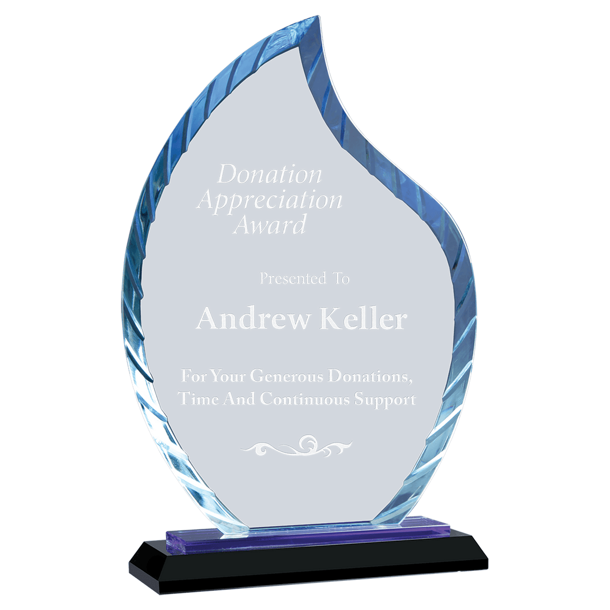 Personalized flame glass award 9.5" on blue and black reflective glass base, custom laser engraved