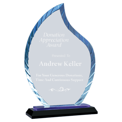 Personalized flame glass award 9.5" on blue and black reflective glass base, custom laser engraved