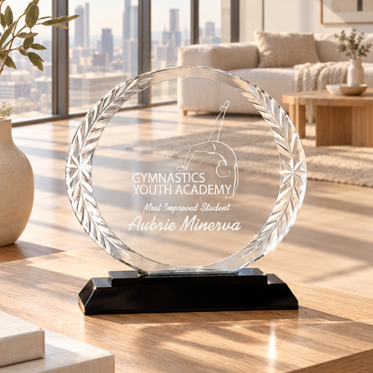 Personalized oval glass award 5.75" on solid black glass base, custom laser engraved