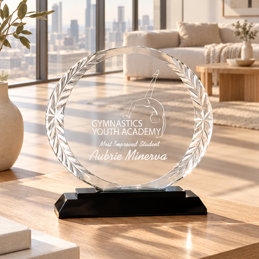 Personalized oval glass award 5.75" on solid black glass base, custom laser engraved