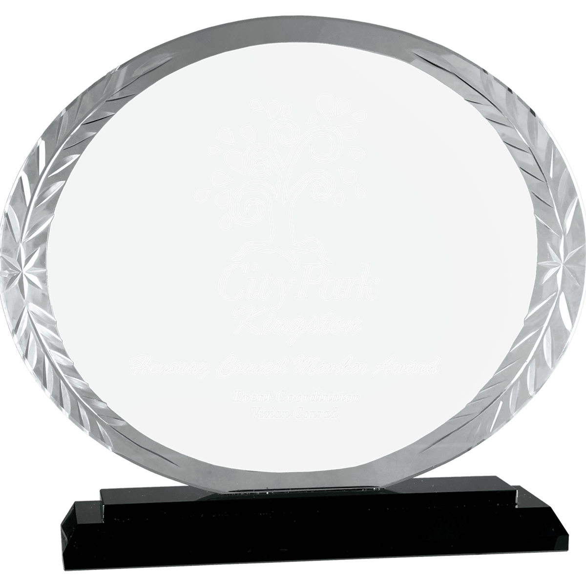 Personalized oval glass award 7" on solid black glass base, custom laser engraved