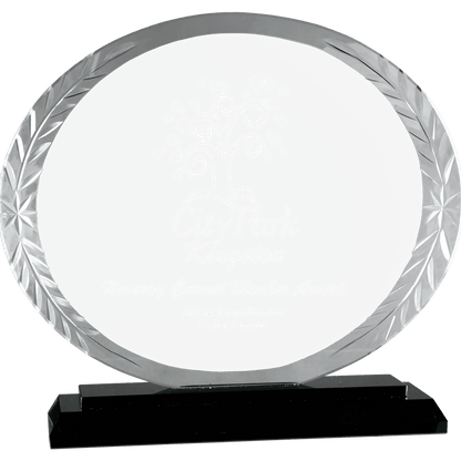 Personalized oval glass award 7" on solid black glass base, custom laser engraved