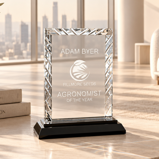 Personalized rectangle glass award 7" on solid black glass base, custom laser engraved