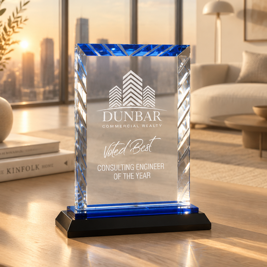Personalized rectangle glass award 7" on blue and black reflective glass base, custom laser engraved
