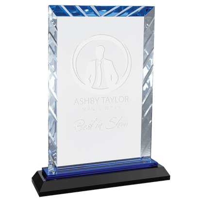 Personalized rectangle glass award 8" on blue and black reflective glass base, custom laser engraved