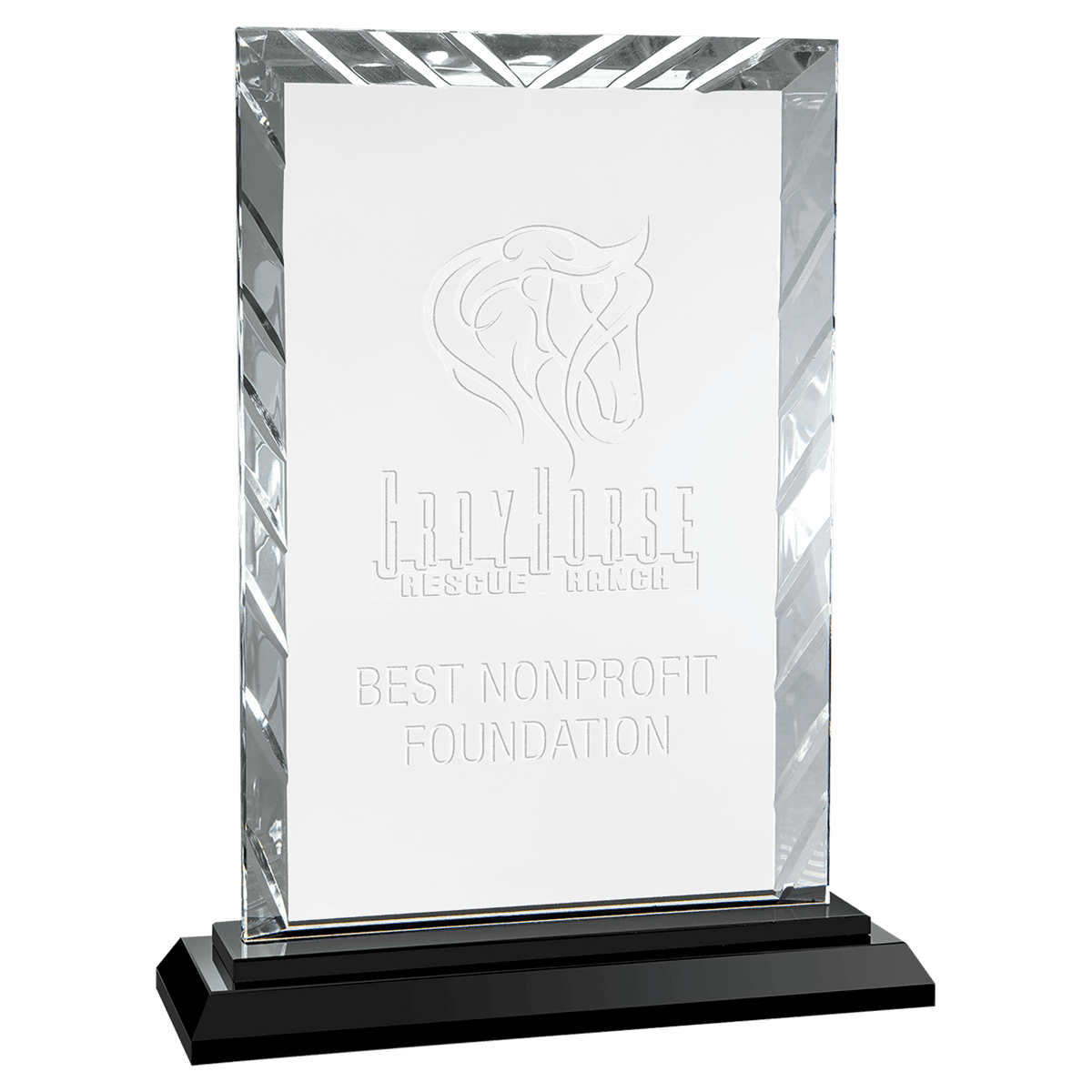 Personalized rectangle glass award 9" on solid black glass base, custom laser engraved