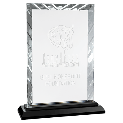 Personalized rectangle glass award 9" on solid black glass base, custom laser engraved